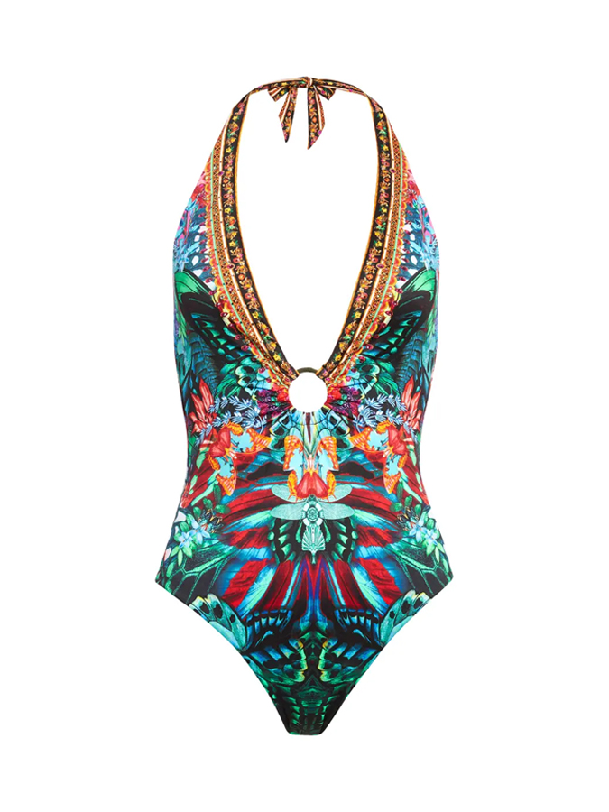Vintage Butterfly Print Deep V One Piece Swimsuit And Cover up