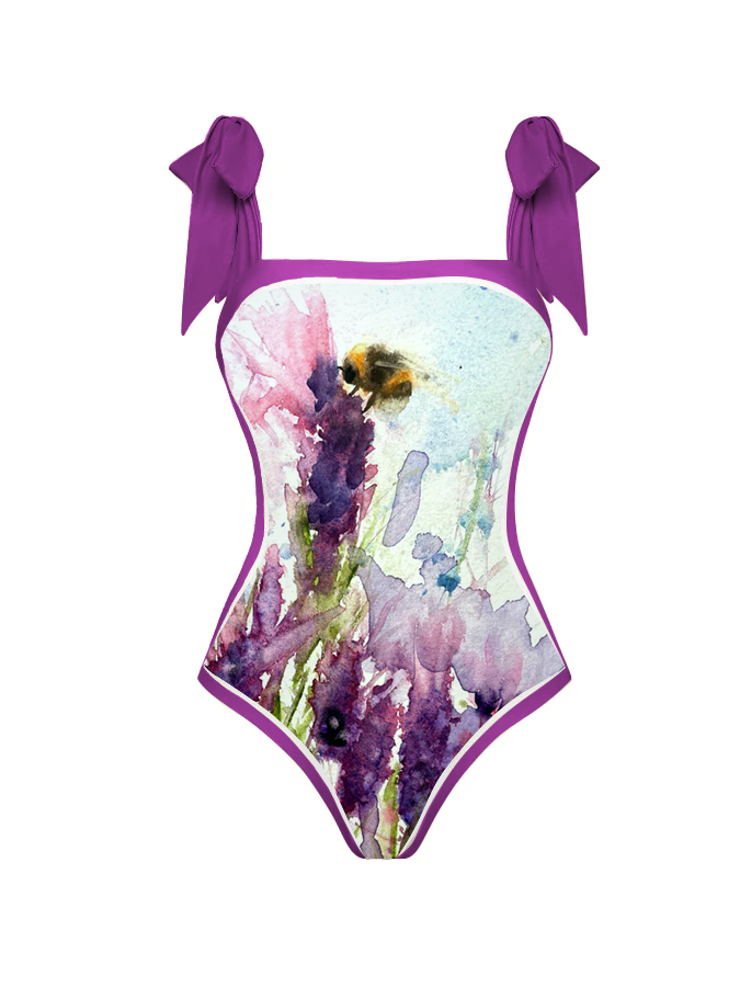 Watercolor Bee Floral Print One Piece Swimsuit And Cover Up
