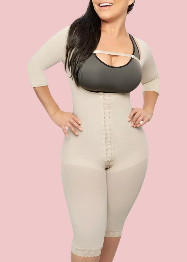 Hook-eye Shapewear Bodysuit With Sleeves Knee Length Compression Garment With Removable Strap