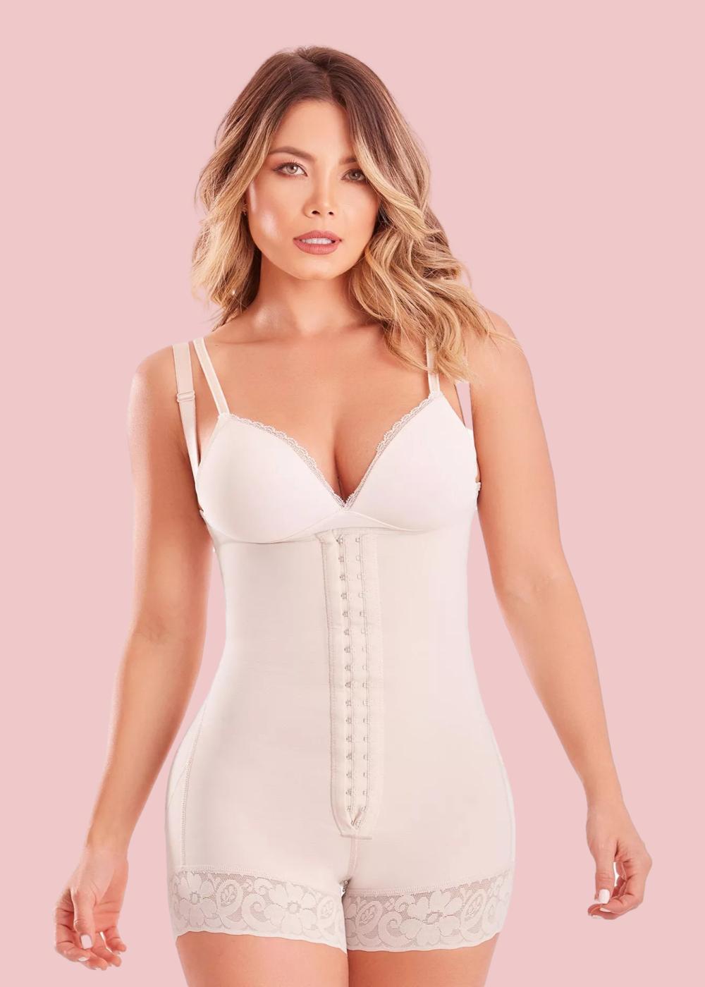 Fajas Colombianas Body Shaper Short Girdle With 2 Line Hooks, Semi Covered Back, Free Breasts, Butt Lifting