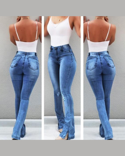 Elastic Slit Flared High Waist Jeans Women's Trousers