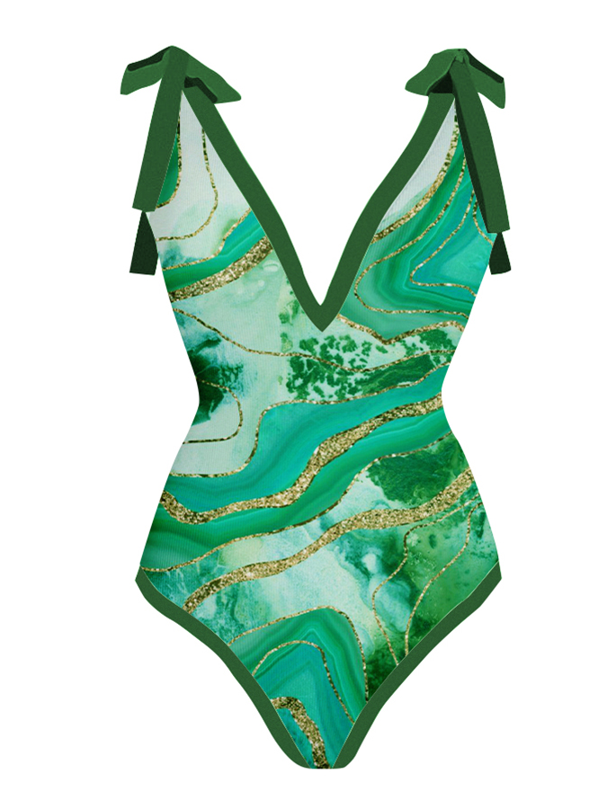 Vintage Print Colorblock Beach One-Piece Swimsuit