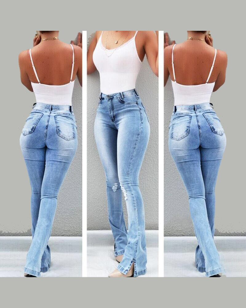 Elastic Slit Flared High Waist Jeans Women's Trousers