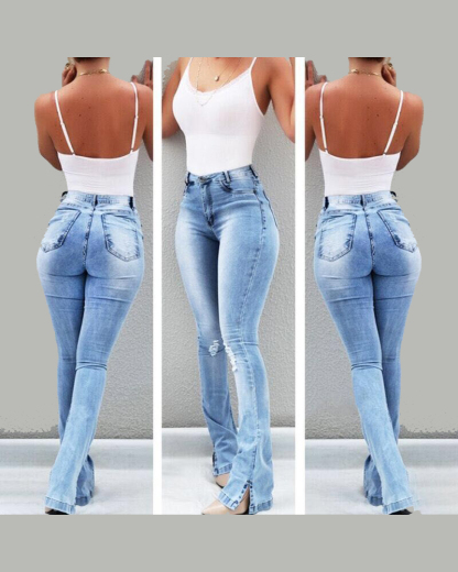 Elastic Slit Flared High Waist Jeans Women's Trousers