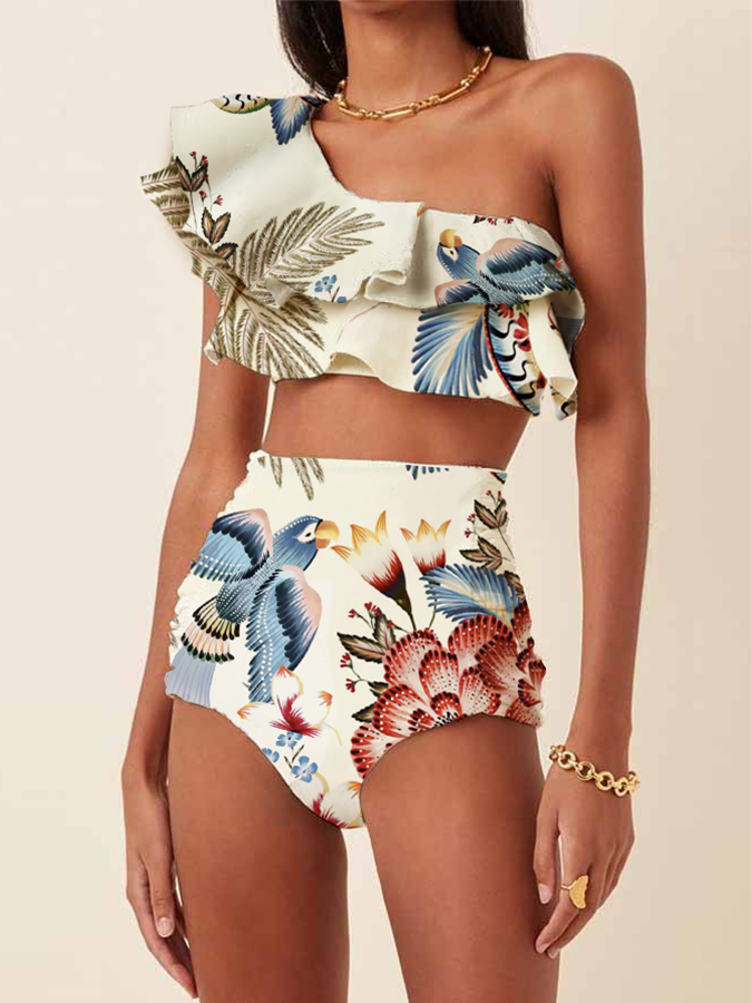 Vintage One-Shoulder Bird Flower Print Ruffled Bikini Set