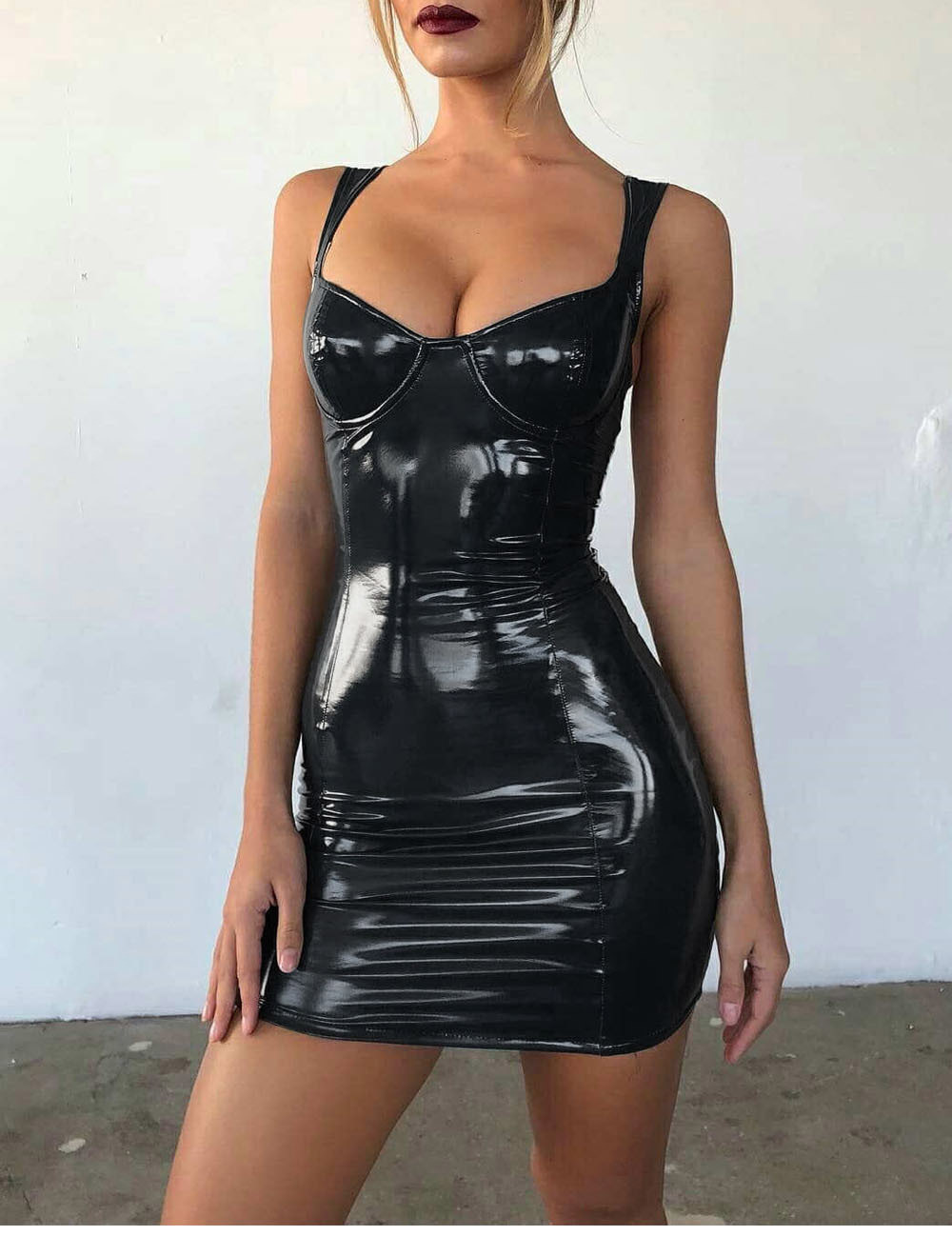PU Bright Leather Backless Sling Slim Sexy Dress
