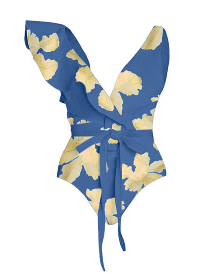 Deep V Ruffled Floral Print Swimsuit Set