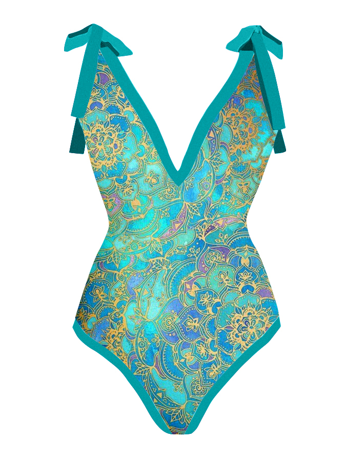Printed One-Piece Vintage V-Neck Colorblock Swimsuit