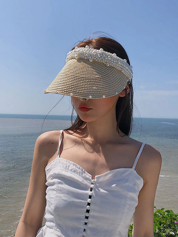 Beaded Decorated Sunscreen Straw Woven Breathable Cap-Curvy-Faja