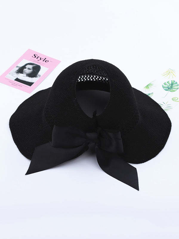 Solid Color Sunscreen Bow-Knot Straw Woven Breathable Foldable Hat-Curvy-Faja
