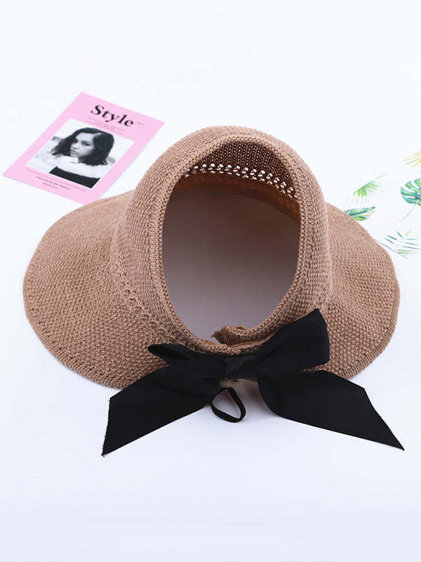 Solid Color Sunscreen Bow-Knot Straw Woven Breathable Foldable Hat-Curvy-Faja