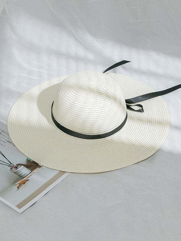 Sunscreen Solid Color Straw Bow-Knot Woven Breathable Beach Hat-Curvy-Faja