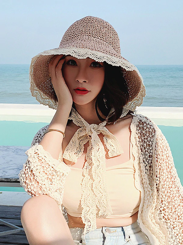 Sunscreen Solid Color Split-Joint Lace Straw Woven Breathable Beach Hat-Curvy-Faja