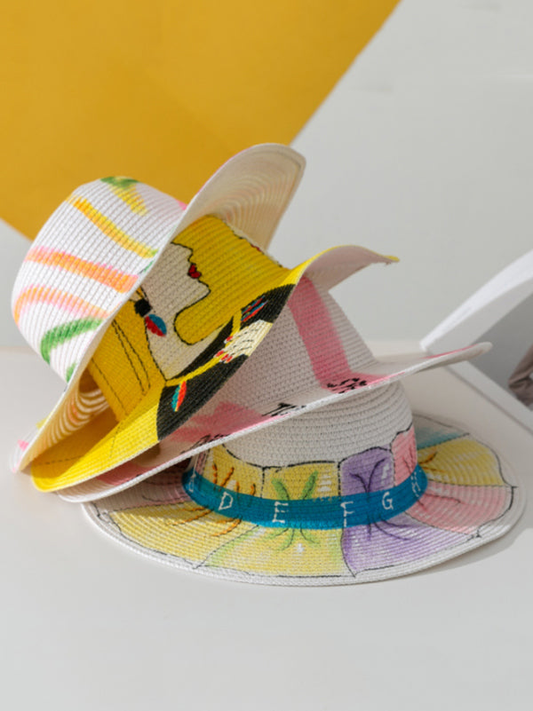 Parent-Child Lovely Straw Hand Drawn Doodle Painted Cartoon Painting Sunscreen Hat-Curvy-Faja