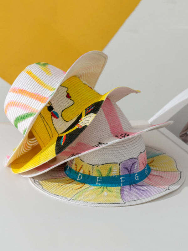 Parent-Child Lovely Straw Hand Drawn Doodle Painted Cartoon Painting Sunscreen Hat-Curvy-Faja