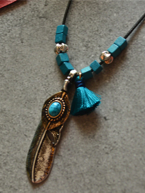 Vintage Feather Wooden Beads Tassel Long Necklace-Curvy-Faja