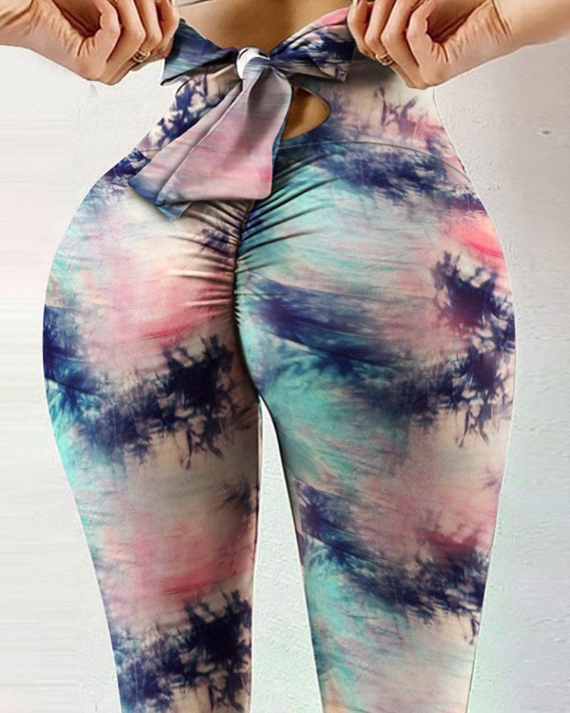 Printed Bow Design Yoga Leggings-Curvy-Faja