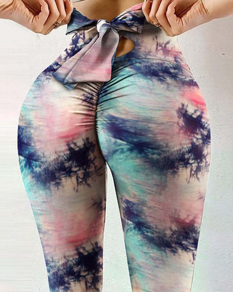 Printed Bow Design Yoga Leggings-Curvy-Faja