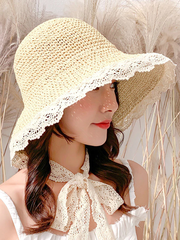 Sunscreen Solid Color Split-Joint Lace Straw Woven Breathable Beach Hat-Curvy-Faja