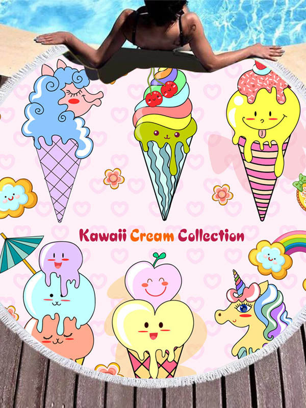 Stylish Color Ice Cream Printed Round Shape Tasseled Soft Beach Mat-Curvy-Faja