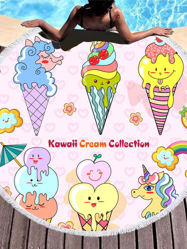 Stylish Color Ice Cream Printed Round Shape Tasseled Soft Beach Mat-Curvy-Faja