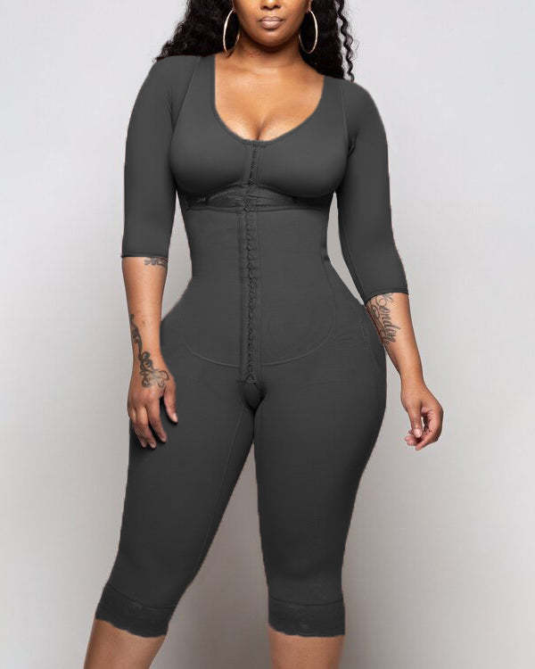 Bodyshaper For Women Hook And Eye Closure Long Sleeve Tummy Control  Breast Support Bodysuit Shapewear-Curvy-Faja