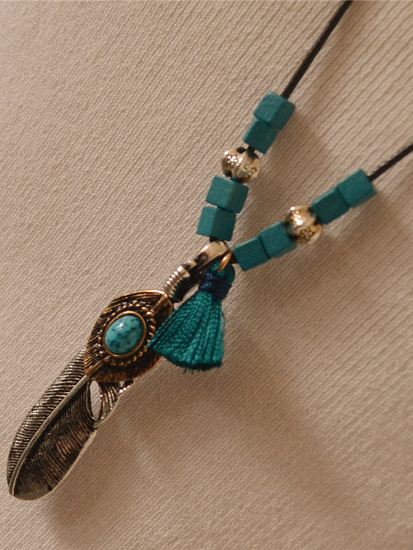 Vintage Feather Wooden Beads Tassel Long Necklace-Curvy-Faja