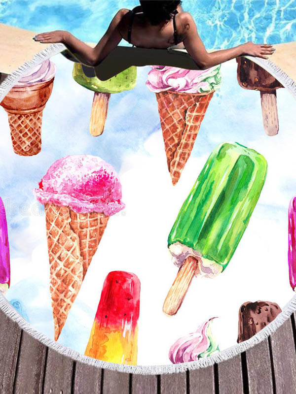 Stylish Color Ice Cream Printed Round Shape Tasseled Soft Beach Mat-Curvy-Faja