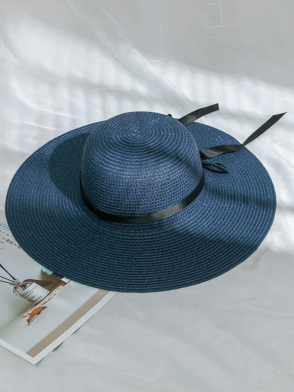 Sunscreen Solid Color Straw Bow-Knot Woven Breathable Beach Hat-Curvy-Faja