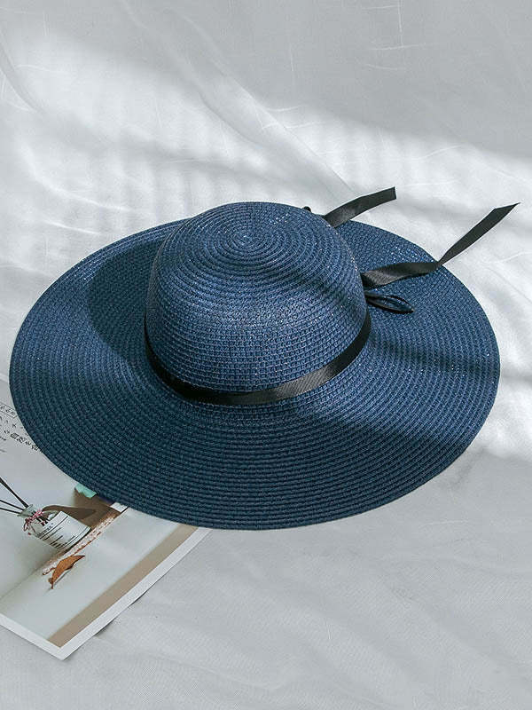 Sunscreen Solid Color Straw Bow-Knot Woven Breathable Beach Hat-Curvy-Faja
