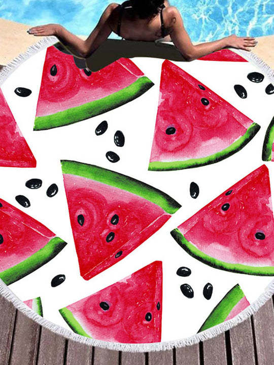 Color Fruit Print Round Shape Tasseled Soft Beach Mat-Curvy-Faja