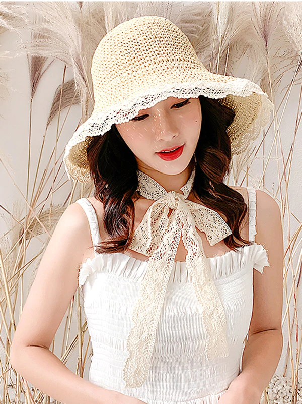 Sunscreen Solid Color Split-Joint Lace Straw Woven Breathable Beach Hat-Curvy-Faja