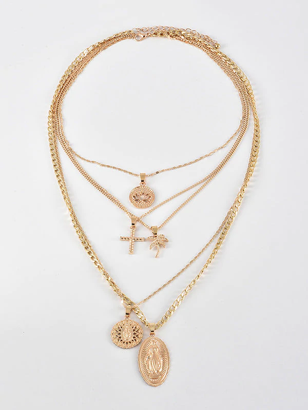 Fashion Coconut Tree Portrait Embossed Pendant Multilayer Necklace-Curvy-Faja