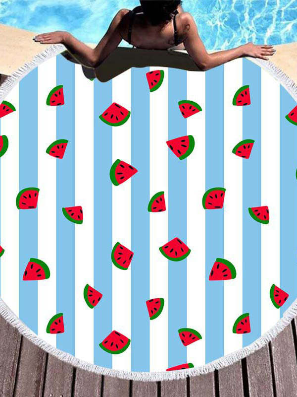 Color Fruit Print Round Shape Tasseled Soft Beach Mat-Curvy-Faja