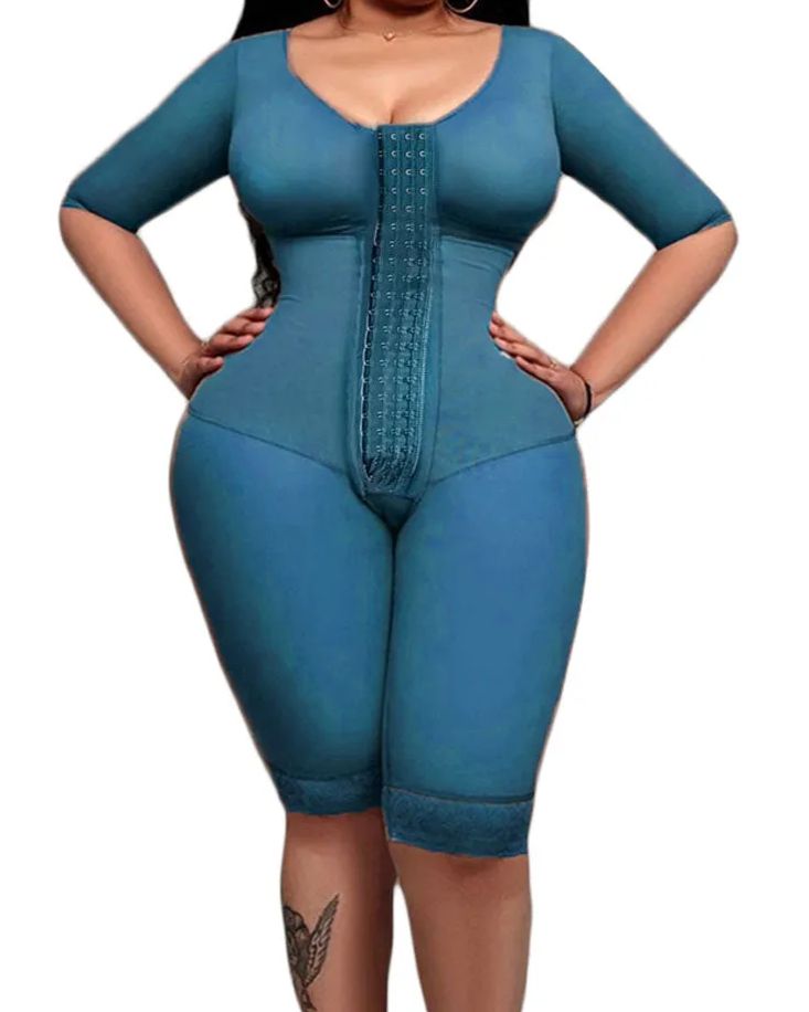 Full Body Support Arm Compression With Built In Bra Half Sleeve Mid Leg Bodysuit-Curvy-Faja