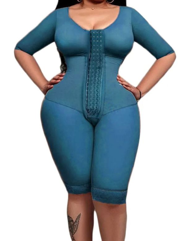 Full Body Support Arm Compression With Built In Bra Half Sleeve Mid Leg Bodysuit-Curvy-Faja