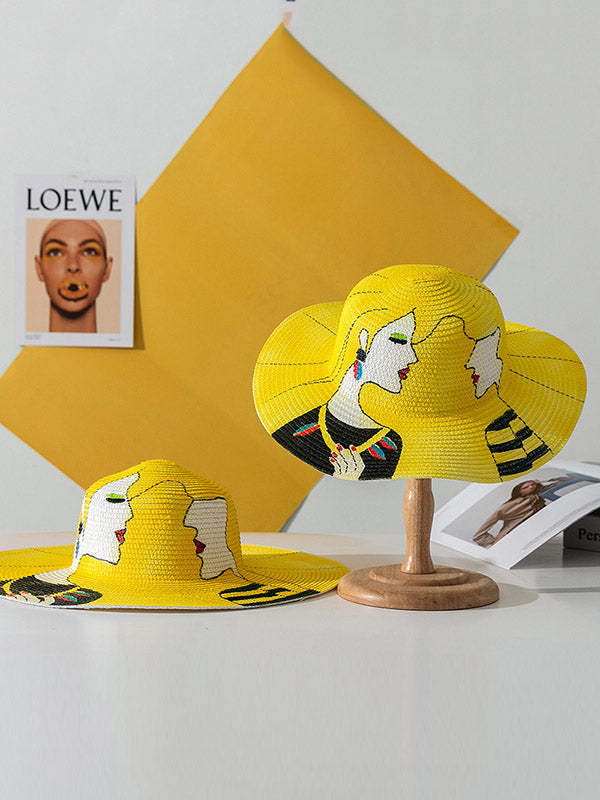 Parent-Child Lovely Straw Hand Drawn Doodle Painted Cartoon Painting Sunscreen Hat-Curvy-Faja