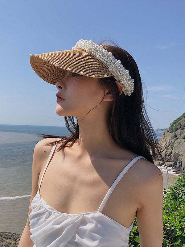 Beaded Decorated Sunscreen Straw Woven Breathable Cap-Curvy-Faja