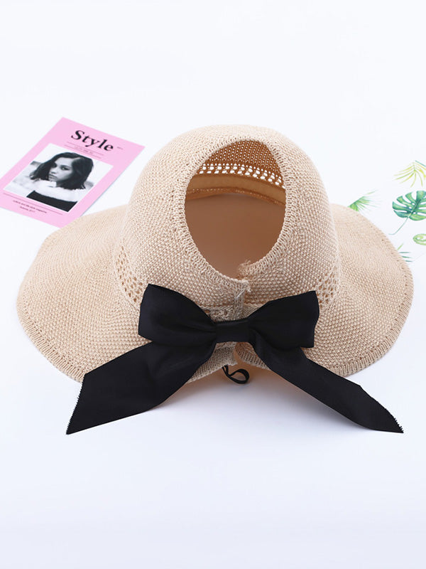 Solid Color Sunscreen Bow-Knot Straw Woven Breathable Foldable Hat-curvy-faja