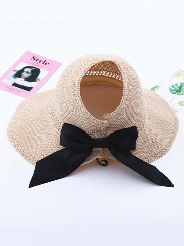 Solid Color Sunscreen Bow-Knot Straw Woven Breathable Foldable Hat-Curvy-Faja