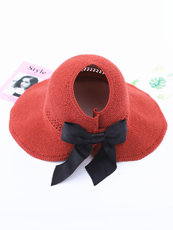 Solid Color Sunscreen Bow-Knot Straw Woven Breathable Foldable Hat-Curvy-Faja