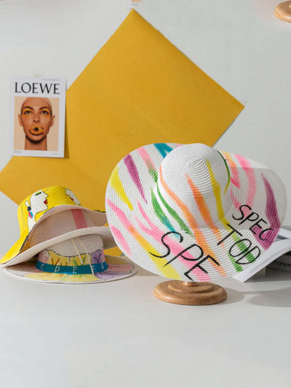 Parent-Child Lovely Straw Hand Drawn Doodle Painted Cartoon Painting Sunscreen Hat-Curvy-Faja