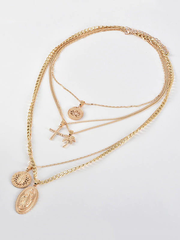 Fashion Coconut Tree Portrait Embossed Pendant Multilayer Necklace-Curvy-Faja