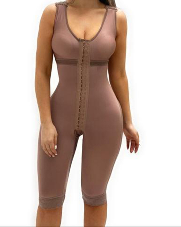 V Neck Sleeveless Knee Length Shapewear With Bra And Wide Shoulder Straps Butt-Lifting Bodysuit For Women-Curvy-Faja