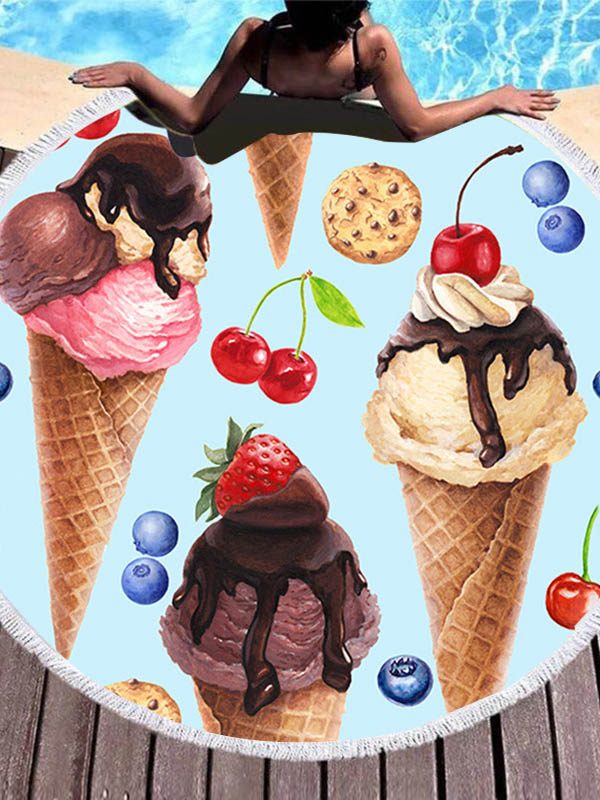 Stylish Color Ice Cream Printed Round Shape Tasseled Soft Beach Mat-Curvy-Faja