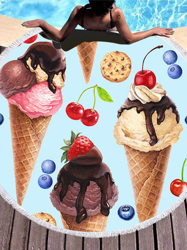 Stylish Color Ice Cream Printed Round Shape Tasseled Soft Beach Mat-Curvy-Faja