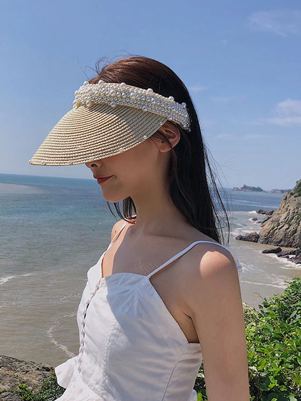 Beaded Decorated Sunscreen Straw Woven Breathable Cap-Curvy-Faja