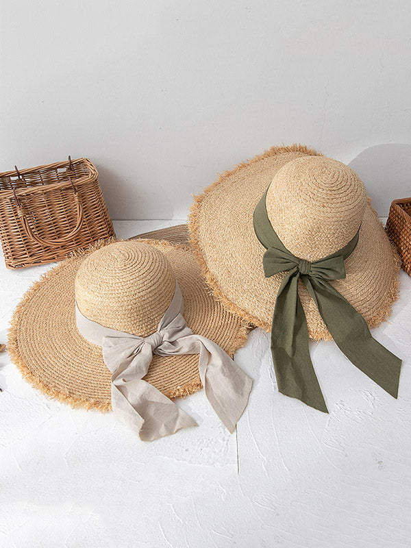 Solid Color Sunscreen Straw Bow-Knot Woven Breathable Beach Hat-Curvy-Faja