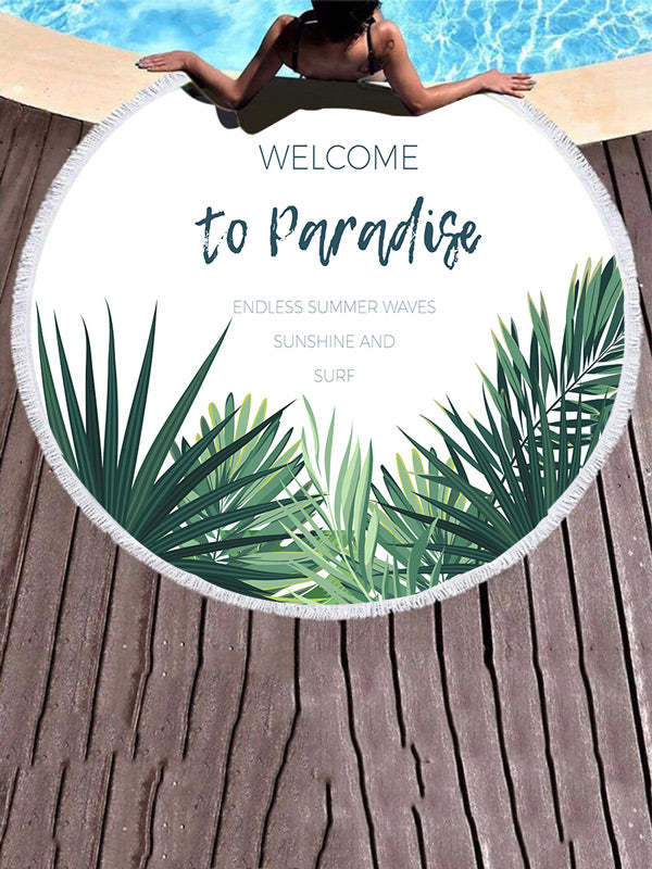 Leaves Print Round Shape Tasseled Beanch Mat-Curvy-Faja