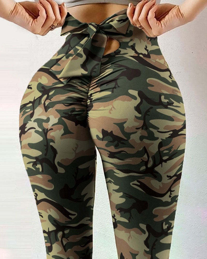 Printed Bow Design Yoga Leggings-Curvy-Faja